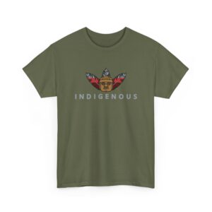 Indigenous Heritage Graphic Tee — Red Native Motif Feather & Drum Design