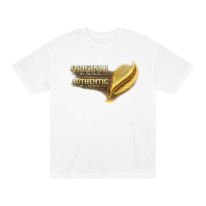 Original by Design • Authentic by Choice T‑Shirt — Gold Feather Graphic