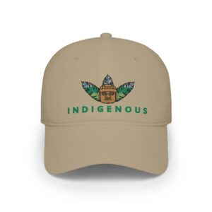 Green Indigenous Heritage Low Profile Baseball Cap — Tribal Mask & Feathers