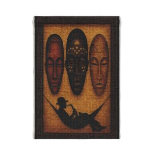 African Mask Woven Wall Tapestry — Boho Tribal Home Decor with Hammock Silhouette
