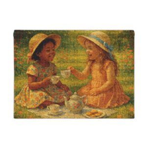 Vintage Picnic Woven Wall Tapestry — Girls Having Tea Artwork