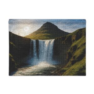 Waterfall Landscape Woven Wall Tapestry — Serene Mountain Sunset Decor