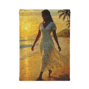 Sunset Beach Woven Wall Tapestry — Woman in White Dress Coastal Decor