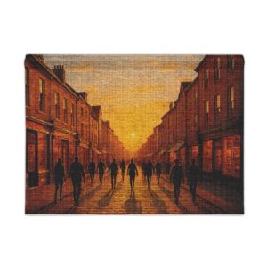Sunset Street Woven Tapestry — Golden Cityscape Wall Art