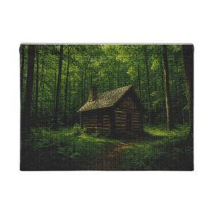 Forest Cabin Woven Wall Tapestry — Cozy Log Cabin in Lush Green Woods