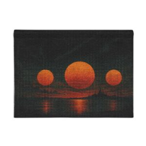 Woven Wall Tapestry — Tranquil Orange Sunset with Three Suns Landscape