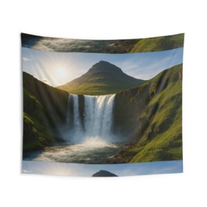Waterfall Landscape Tapestry — Serene Mountain Sunset Wall Hanging