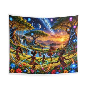 Fantasy Dance Tapestry — Vibrant Sunset Nature Scene with Dancing Figures