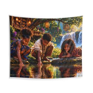 Whimsical Children by Waterfall Indoor Wall Tapestry