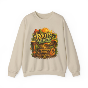 Roots Vibes Crewneck Sweatshirt — Retro Reggae Guitar & Van Graphic