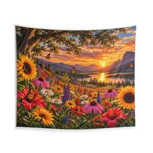 Sunset Wildflower Wall Tapestry — Vibrant Meadow Sunset Home Decor