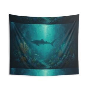 Shark Silhouette Ocean Wall Tapestry — Underwater Coral Scene