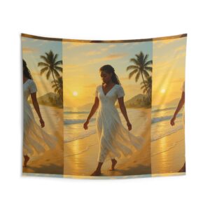 Sunset Beach Tapestry — Woman in White Dress Palm Tree Wall Art