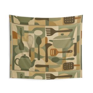 Kitchen Utensils Wall Tapestry — Midcentury Cookware Pattern for Dining Room or Café Decor